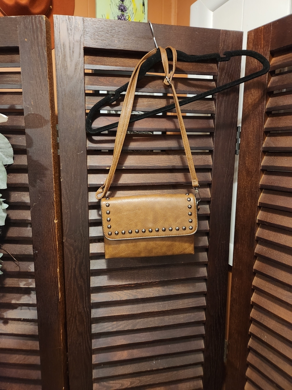 Tan Stud-Trim Shoulder Bag with Adjustable Strap